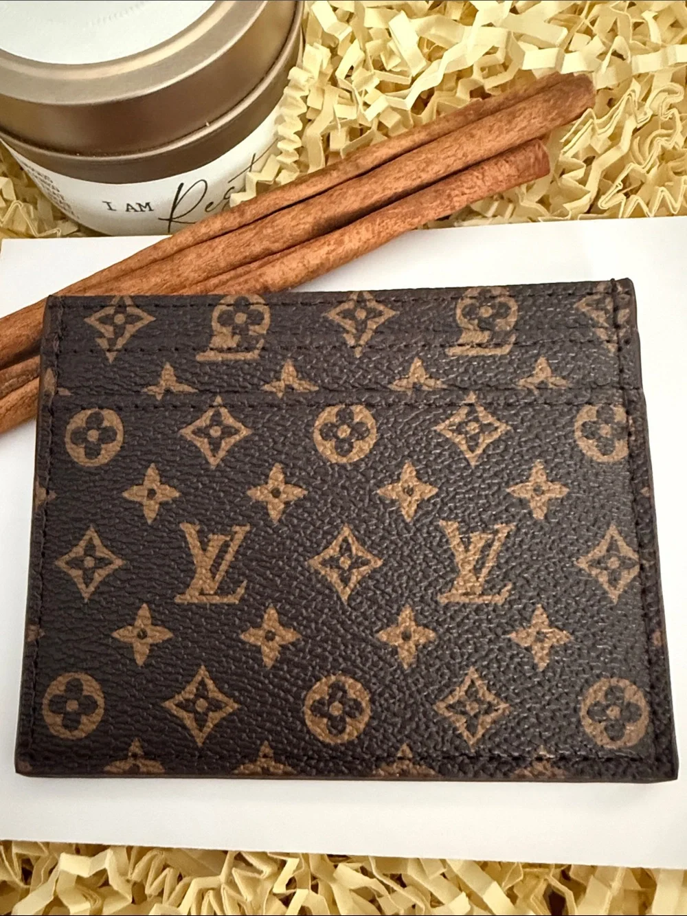 Brown Monogram Canvas Card Holder with Gold Logo